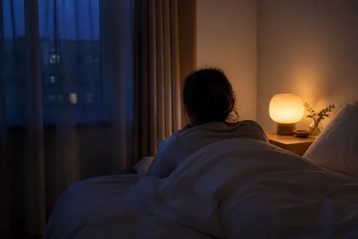 Persona sveglia a letto di notte, vista di spalle, accanto a una piccola lampada accesa