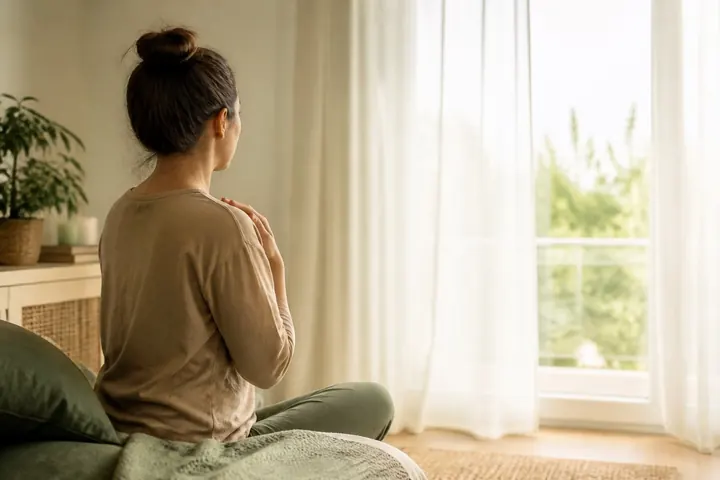 Donna di spalle seduta davanti a una finestra luminosa, con una mano sul petto mentre respira con calma